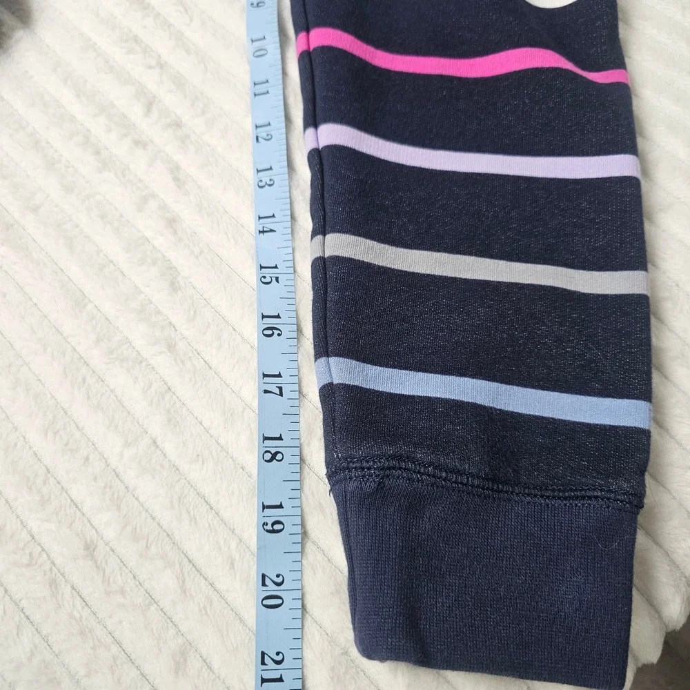 Lands End Serious Sweats Hooded Robe Womens L 14/16 Navy Striped Bathrobe Fleece